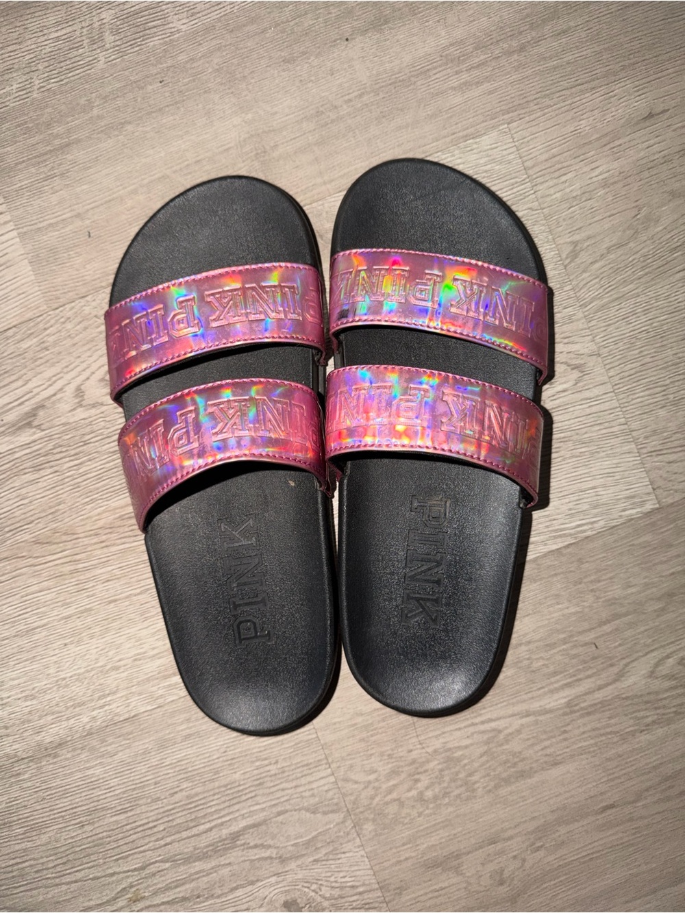 PINK Victoria's Secret Girls' Black Slides with Holographic Pink Straps